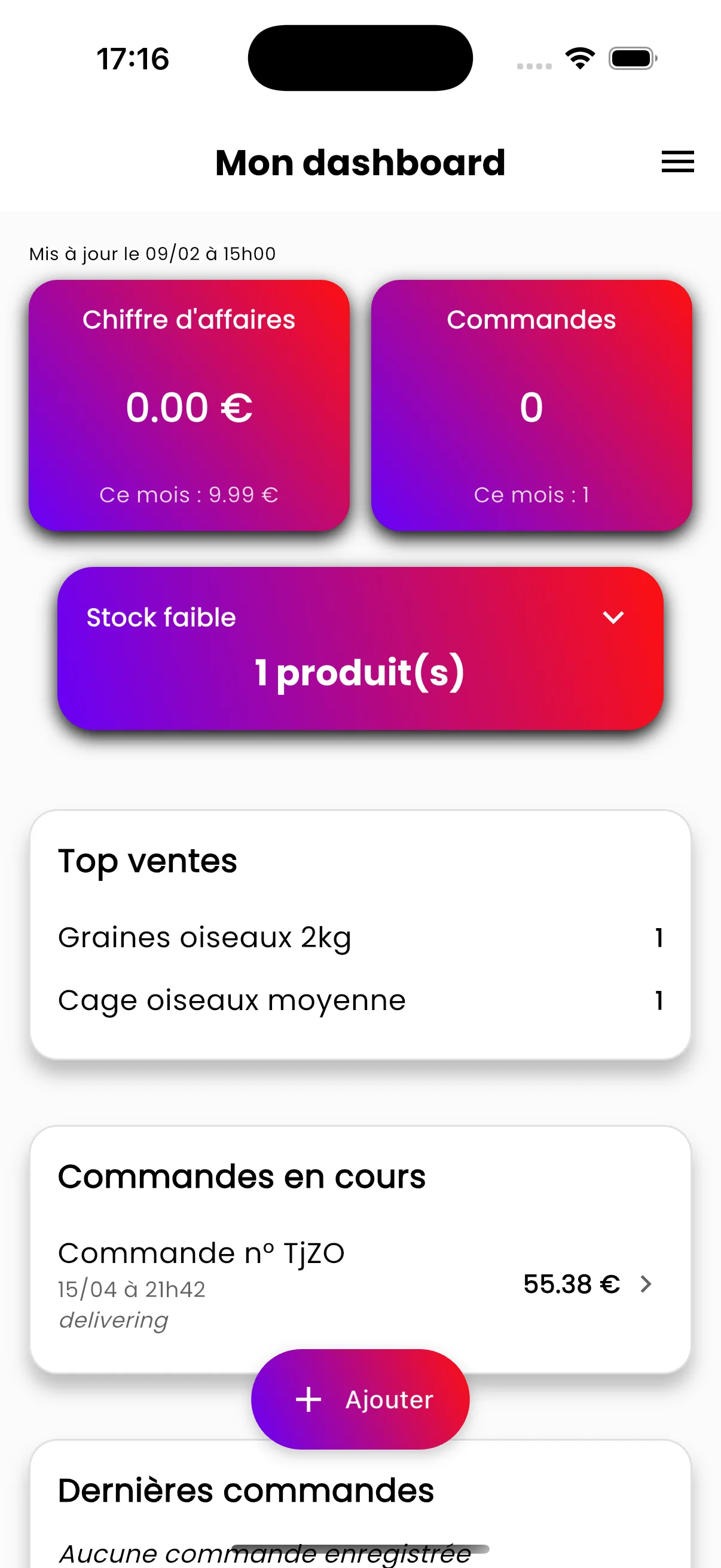 Application commerçant AllDrop, dashboard et statistiques