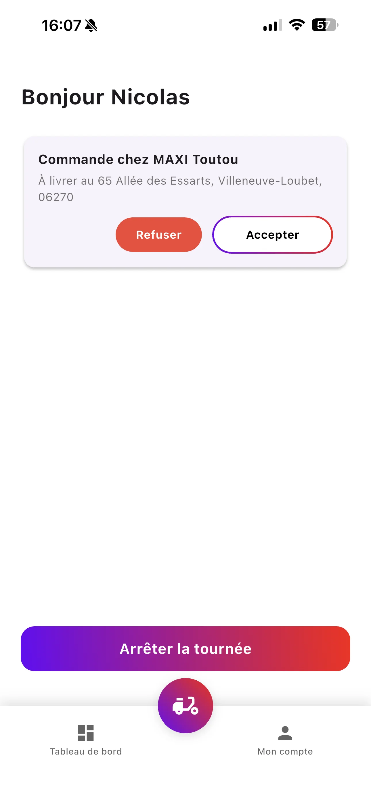 Application livreur AllDrop, écran d'acceptation de course